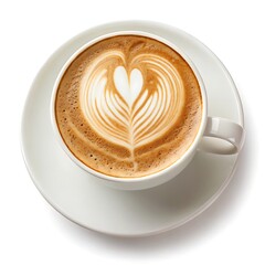 Heart Shaped Latte Art Cappuccino Coffee Cup Top View Isolated on White Background