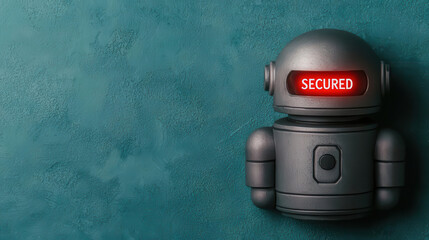 Robot figure with a "SECURED" sign on a textured teal background.