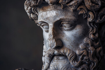 Close-up of a classical sculpture depicting a bearded figure with intricate details.
