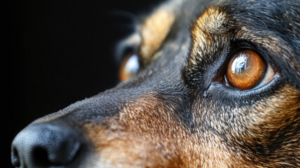 Close-up of a dog's face, highlighting its expressive eyes and fur texture.