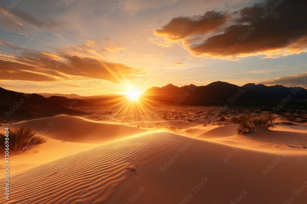 Poster a dramatic sunset lights up the desert landscape, casting shadows over the rolling dunes and creatin