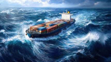 Cargo ship battling stormy ocean waves; maritime transport