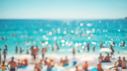 beach at the resort, blurred background people relax and sunbathe on the beach of the warm ocean coast