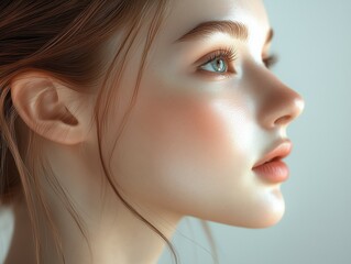 Fototapeta premium Well-groomed beautiful young woman with full lips with natural texture. Detailed skin texture, professional shot.