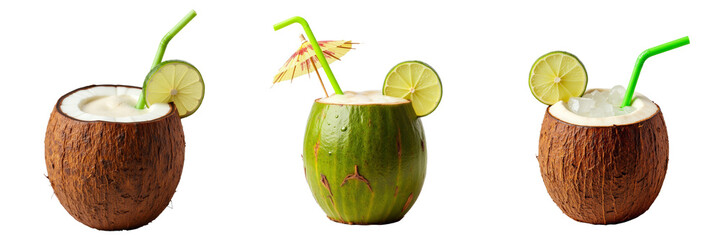 Coconut Drinks Displayed with Lime Wedges and Straws