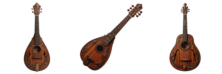 Antique Stringed Instruments Showcase: Mandolin, Pearlescent Instrument, and Acoustic Guitar