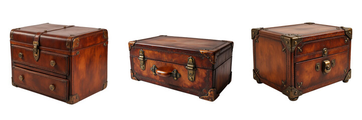 Brown Leather-Bound Chests Featuring Drawers and Clasps