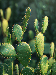 Lush green cactus plants with spiky pads, illuminated by soft natural light.