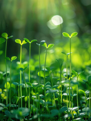 Lush green sprouts growing in sunlight, symbolizing renewal and growth.