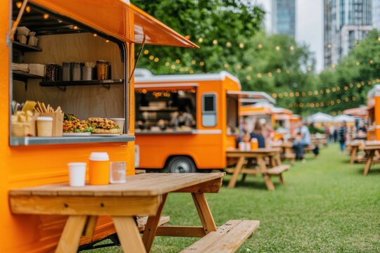Food Truck Festival, Vibrant food trucks lined up in a park, offering a variety of cuisine in a lively outdoor setting.