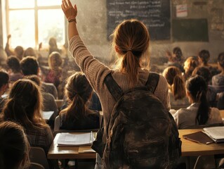 Obraz premium Student Raising Hand in Classroom Full of Engaged Learners