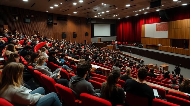 engaging science lecture in university auditorium with students and professor presenting research showcasing academic learning and education environment on scientists day