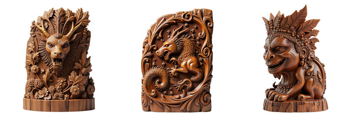 Intricately Carved Wooden Sculptures Showcasing Fantastical Beasts in Lush Foliage