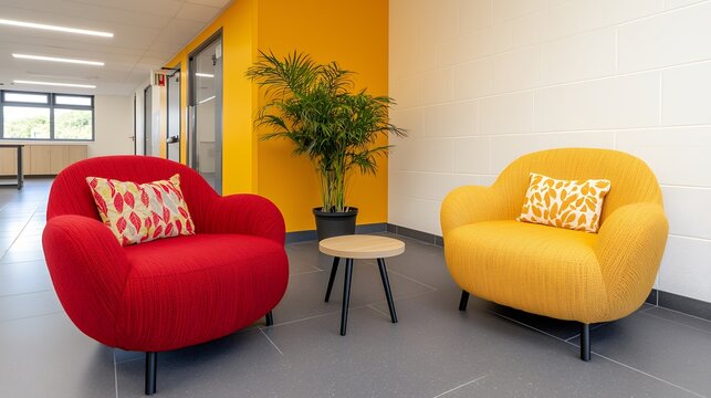 Red and Yellow Plush Armchairs in Modern Interior