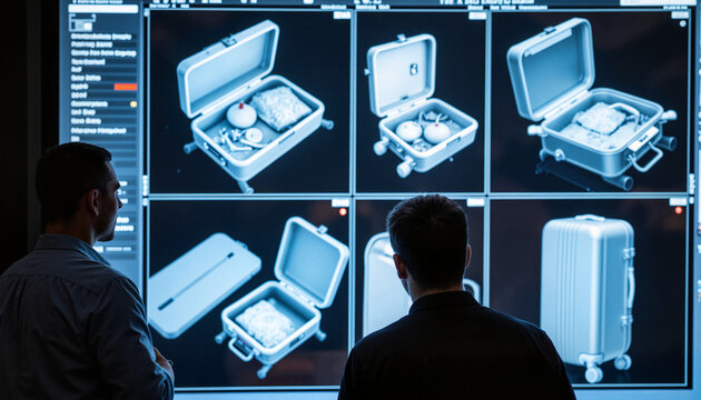 Officers analyzing x-ray scans of luggage at airport customs, security check - Powered by Adobe