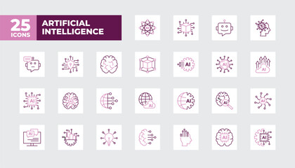 Set of 25 Artificial Intelligence icons vector EPS in purple color