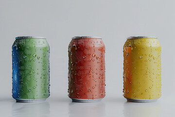 Three colorful beverage cans with condensation on a light background.