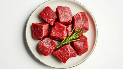 Raw cut cubes of beef arranged on a small ceramic plate