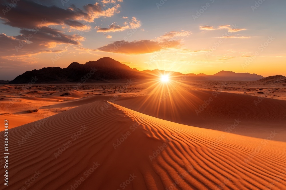 Poster a stunning desert sunset casting brilliant rays across towering dunes, creating shadows and depth th