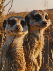 Two meerkats standing in a grassy landscape during sunset.