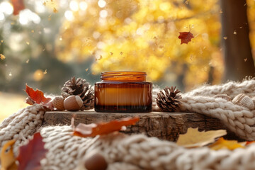 A beauty product ad set in an autumn forest.