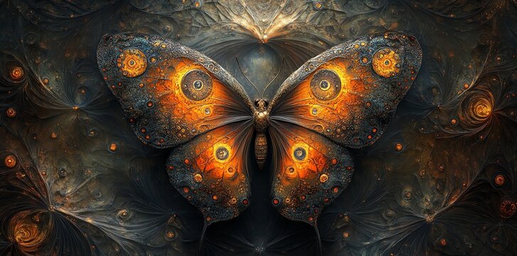 Mystical Butterfly with Ornate Wings on Dark Abstract Background