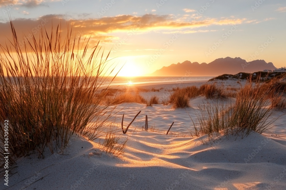 Poster a serene coastal view featuring soft sandy dunes highlighted by the warm glow of a sunset, creating 