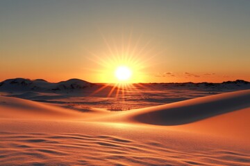 A stunning sunrise over soft sands, illuminating the desert with radiant colors, reflecting the beauty and power of nature while inviting personal reflection and inspiration.