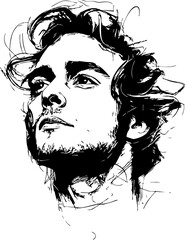 Elegant vector sketch of a contemplative young man with flowing hair, ideal for artistic or motivational designs.