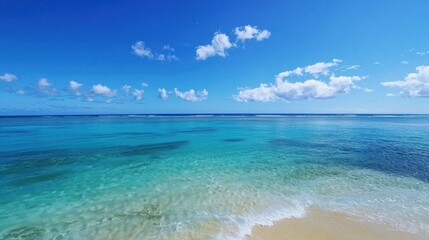 The stunning scene depicts a beautiful beach near turquoise water