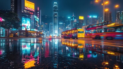 Obraz premium The illuminated urban cityscape with reflecting wet road and buses is stunning