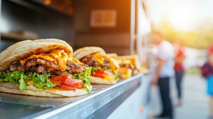 Food Truck Festival, Delicious burgers with fresh ingredients served at a food truck during a sunny day.
