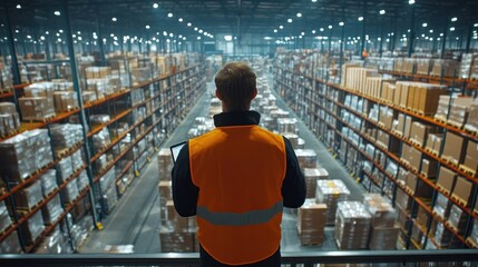 Supervisor standing on a mezzanine floor with a tablet, overlooking a busy warehouse floor