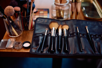 Professional make-up set at salon.