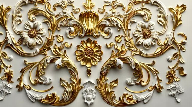 Detailed craftsmanship of a wall design featuring gold and white floral elements, highlighting fine artistry and intricate patterns