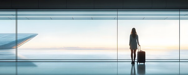 Woman with suitcase stands at airport window looking at sunrise