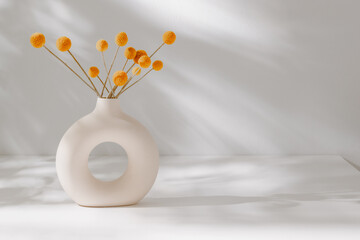 Beautiful vase with dry bouquet flowers on the white table with copy space and aesthetic sunlight...