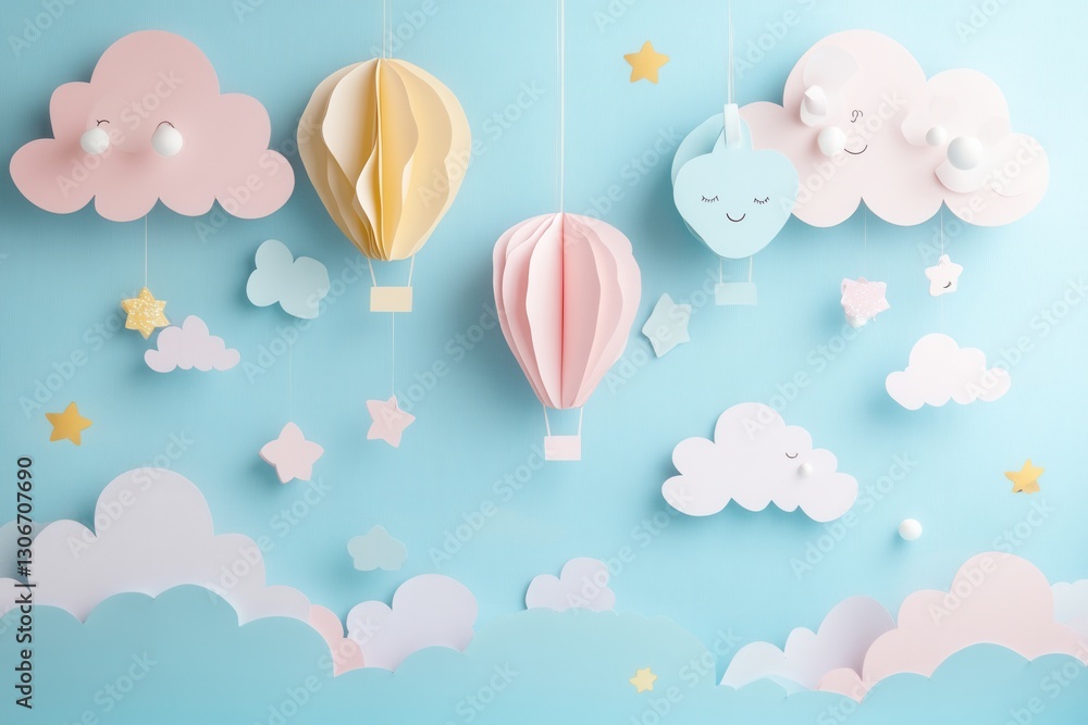 Poster Charming whimsical paper art background with pastel clouds and floating balloons creating a playful atmosphere Generative AI