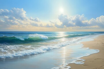 An expansive, awe-inspiring shoreline, featuring sunlit sands, azure waves, and a profound sense of tranquility and vastness, offered by the breathtaking seaside view.