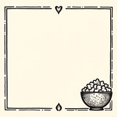 Fototapeta premium Hand-drawn vintage frame with popcorn bowl on beige background 