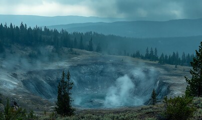 Steaming Geothermal Pool, Mountainous Landscape