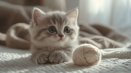 Adorable kitten portrait with yarn ball, capturing the essence of innocence
