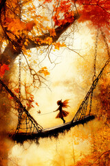A small fairy with delicate wings walks across an enchanted bridge in an autumn forest. Glowing golden light filters through the trees as she reaches for a butterfly.