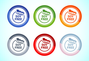 Soy or soya free icon design illustration. Soy allergen free product food sign, 6 color button design set