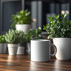 Mug Among Plants on Wood Table, Indoor Setting
