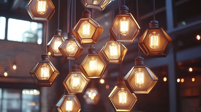 geometric industrial lighting decor with hexagonal patterns lightbulb installation abstract concept creative design inspiration interior architecture and modern visual style
