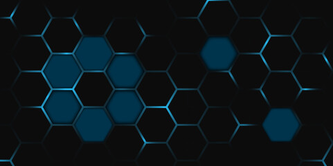 Futuristic Neon Hexagons – Blockchain and Cybersecurity Theme. 3D Hexagonal Grid Background – Digital Technology Texture. 