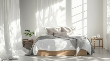 A bright bedroom with soft bed linens and window sunlight