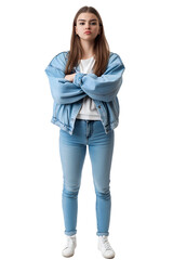 Fototapeta premium Full length body image of curious woman standing crossed arms isolated on white background.