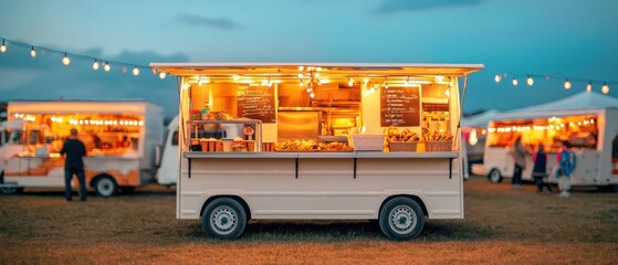 Food Truck Festival, Charming food truck illuminated at dusk, set in a vibrant outdoor market with glowing tents.